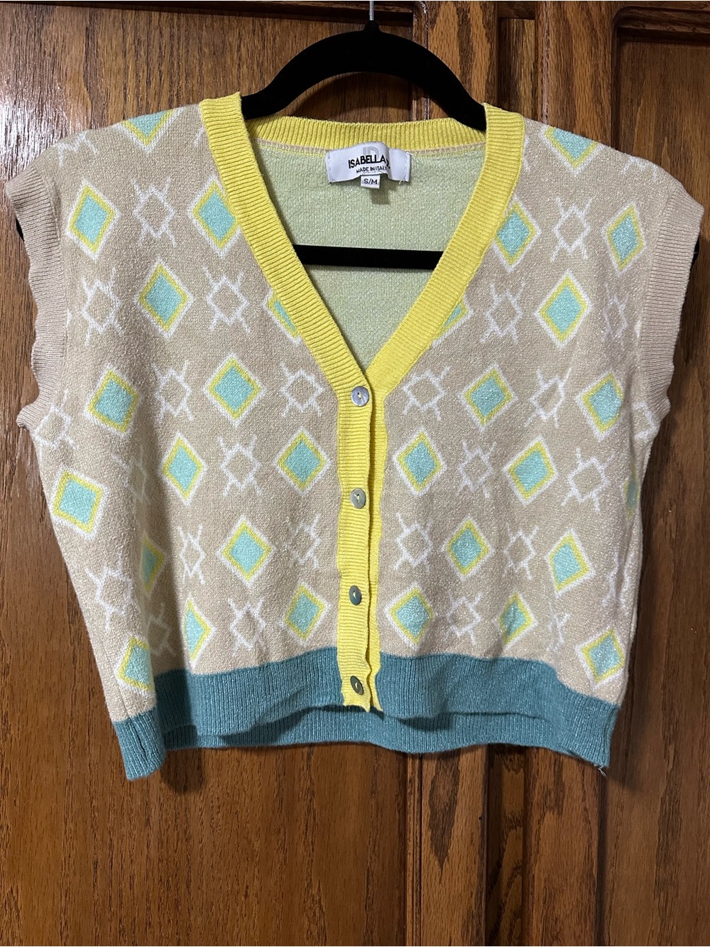 Isabella D. made in Italy Sleeveless Cropped Knit Cardigan Vest Argyle S/M Retro